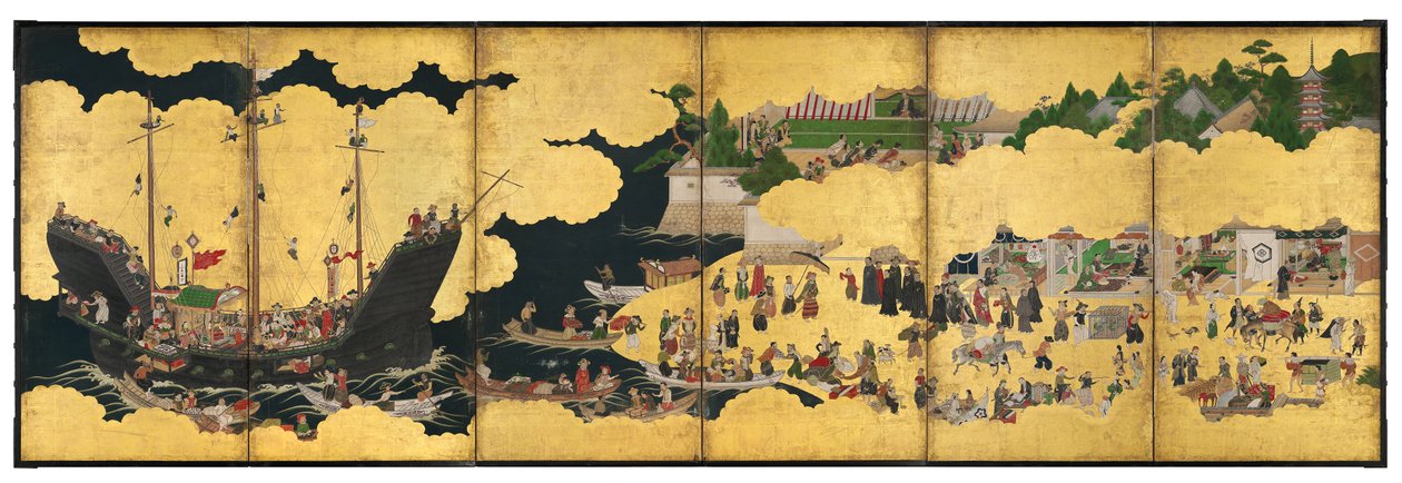Biombo Nanban de seis paneles que representa la llegada de un barco portugués para el comercio, período Edo de Japanese School