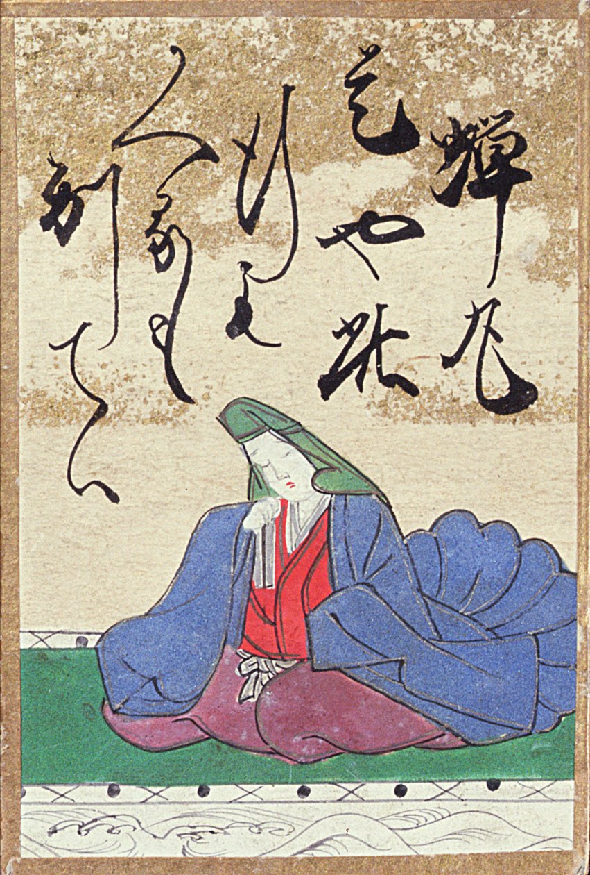 Una de un conjunto de cartas con 100 poetas y poemas, vendidas en la Exposición Universal de París en 1867 de Japanese School