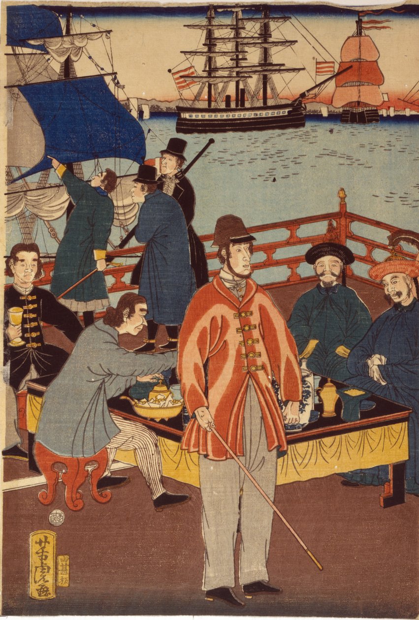 Impresión de un tríptico que muestra a mercaderes europeos tomando un refresco con japoneses. Al fondo, barcos en el puerto de Yokohama, Japón. de Japanese School