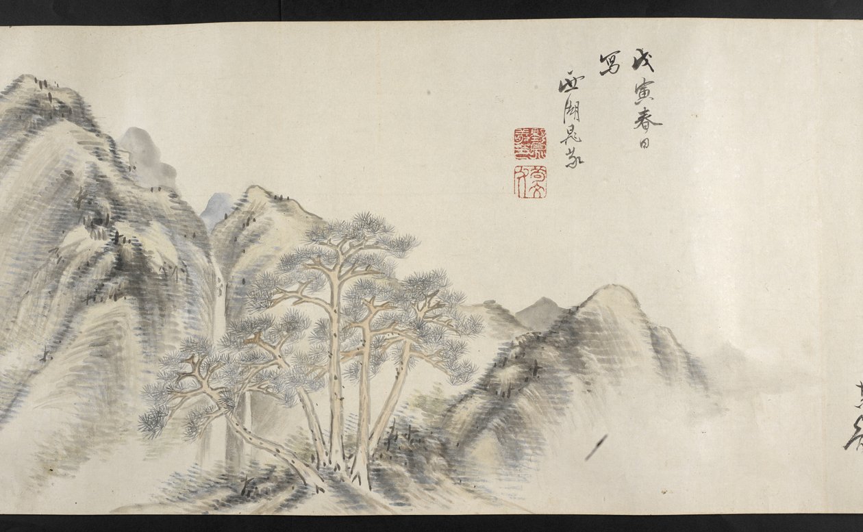 O. 14872, f.16, Vista de un paisaje montañoso, de Yoshida Seisai (pergamino) de Japanese School