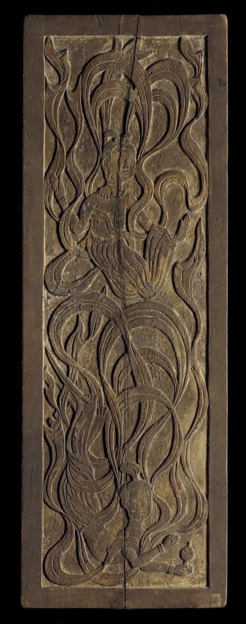 Panel con talla en bajo relieve de apsaras budistas de Japanese School