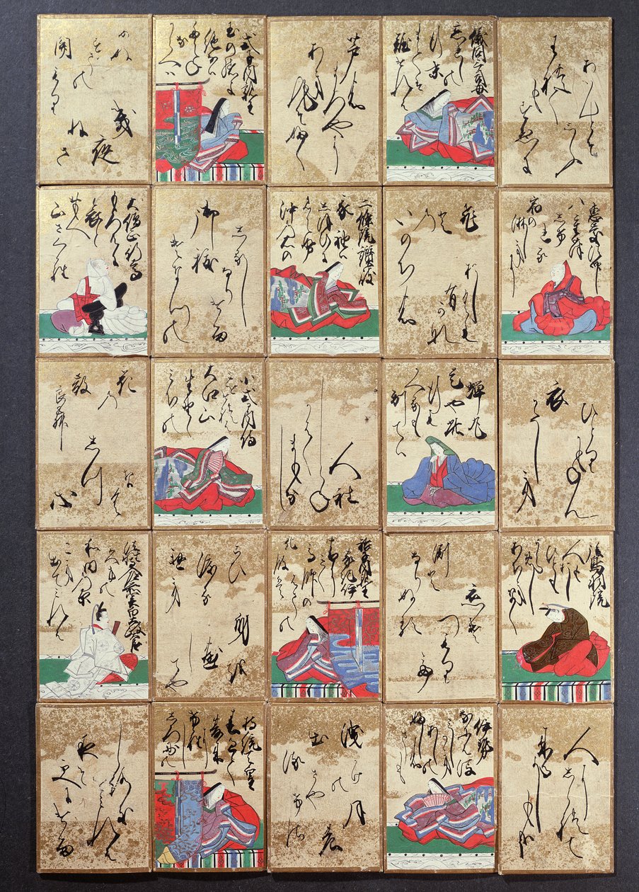 Cartas de juego con 100 poetas y poemas, vendidas en la Exposición Universal en París en 1867 de Japanese School