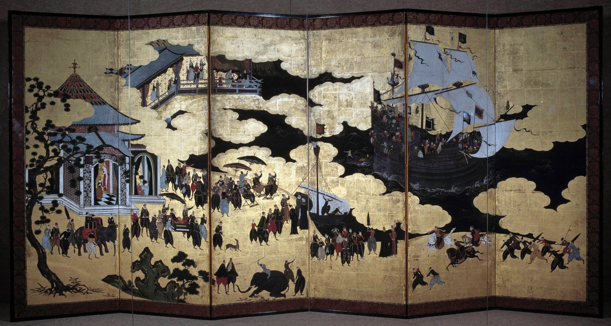 Biombo portugués que representa la llegada de misioneros jesuitas portugueses a Japón en el siglo XVI de Japanese School