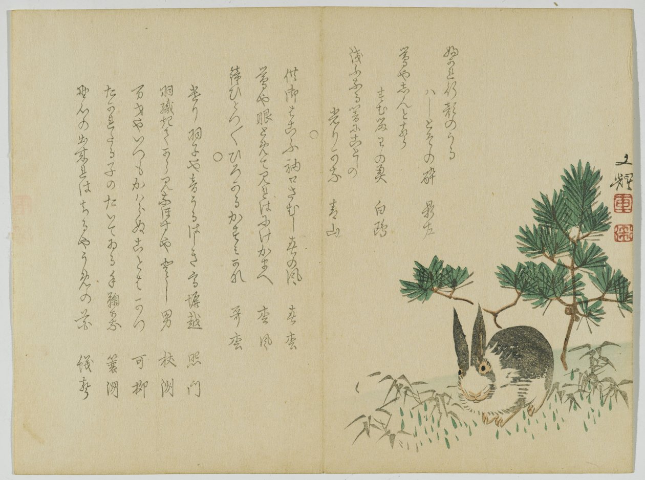 Conejo bajo el pino de Año Nuevo, c.1860 de Japanese School