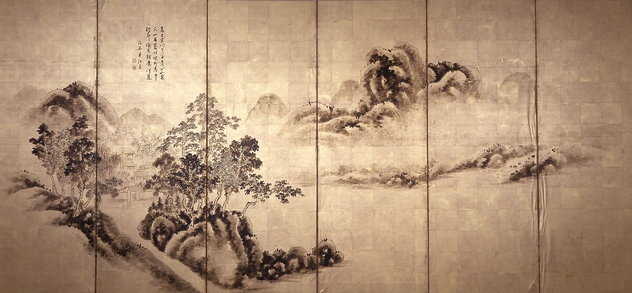 Anverso: Paisaje según Mi Fei, c.1810 (tinta sobre hoja de oro) de Japanese School