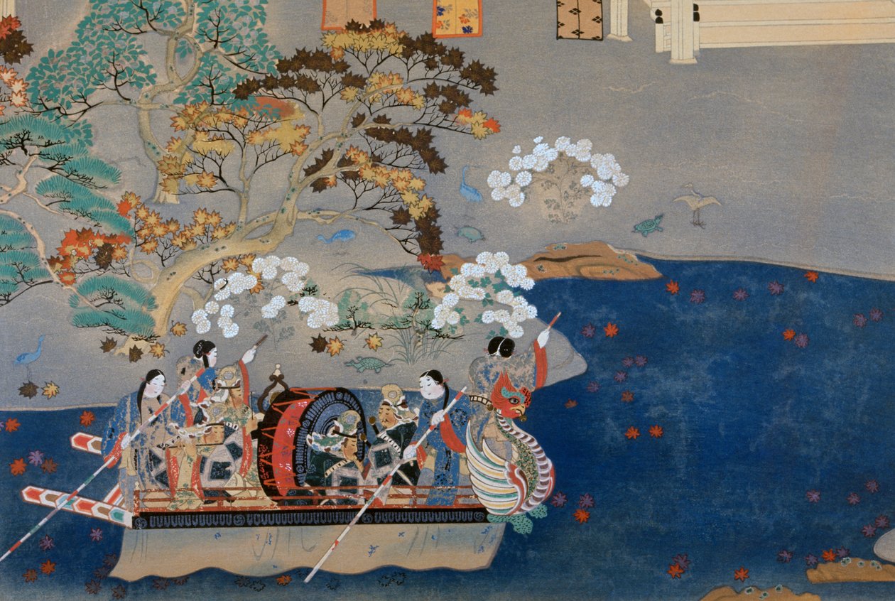 Bote de remos, ilustración para Eiga Monogatari (Historia del Esplendor), por Akazome Emon (ca 956-1041). Japón de Japanese School