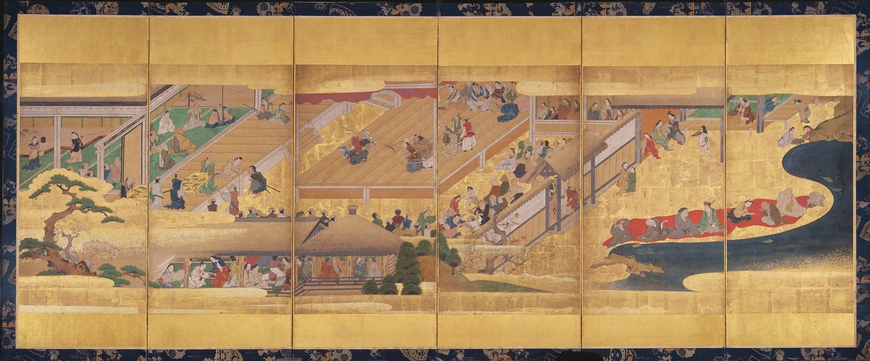 Biombo con la obra Noh Funa-Benkei, c.1660 (color, gofun y tinta y oro sobre papel) de Japanese School