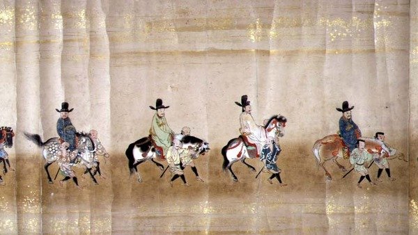 Sexta Embajada Coreana a Japón en Meireki 1 en el momento de la sucesión de Tokugawa Ietsuna en 1651, posiblemente por Kano Masunobu (1625-94) (pintura en pergamino) (detalle) de Japanese School