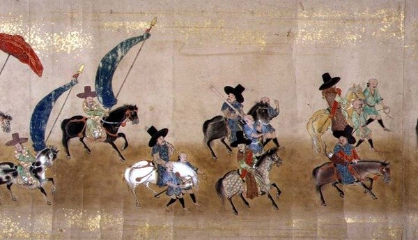 Sexta embajada coreana a Japón en Meireki 1 en el momento de la sucesión de Tokugawa Ietsuna en 1651, posiblemente por Kano Masunobu (detalle) de Japanese School