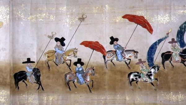 Sexta embajada coreana a Japón en Meireki 1 en el momento de la sucesión de Tokugawa Ietsuna en 1651, posiblemente por Kano Masunobu (detalle) de Japanese School