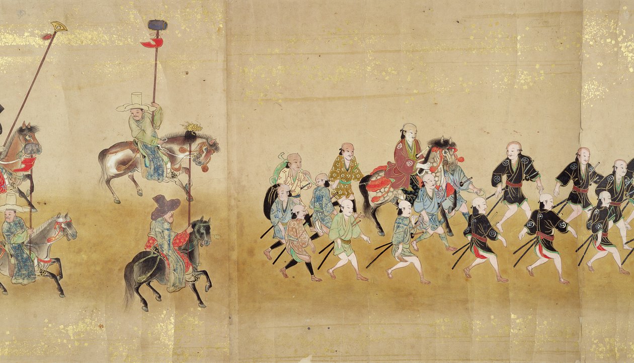 Sexta Embajada Coreana a Japón en Meireki 1 en el momento de la sucesión de Tokugawa Ietsuna en 1651, posiblemente por Kano Masunobu (1625-94) (pintura en pergamino) (detalle) de Japanese School