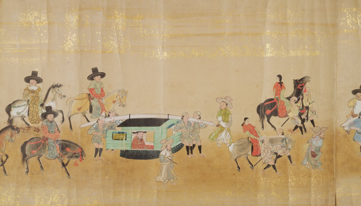 Sexta Embajada Coreana a Japón en Meireki 1 en el momento de la sucesión de Tokugawa Ietsuna en 1651 (detalle) de Japanese School