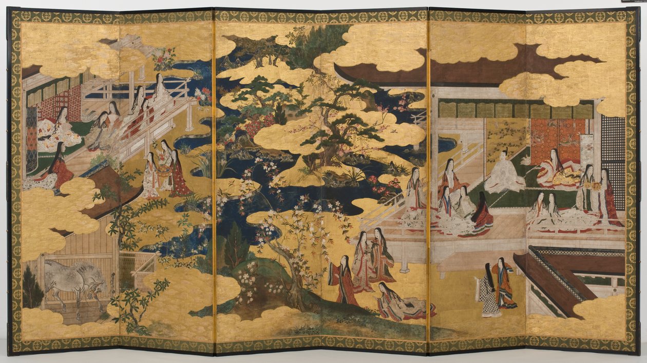 Primavera en el Palacio, biombo de seis paneles de El Cuento de Genji, c.1650 de Japanese School