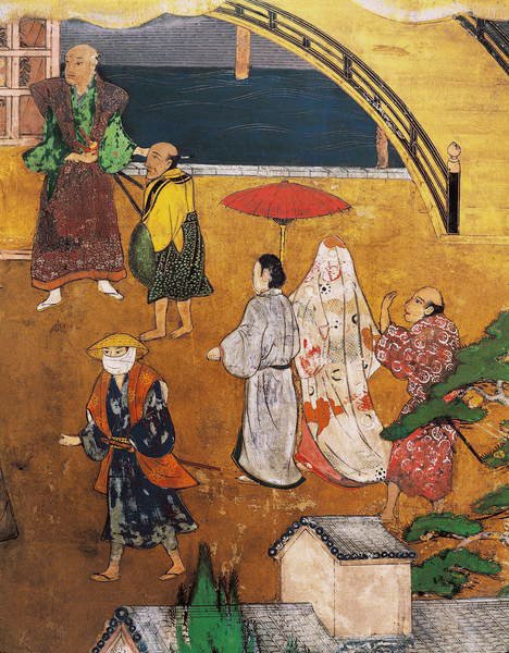 La llegada de los portugueses a Japón, detalle de una escena callejera, de una pantalla Namban Byobu, 1594-1618 de Japanese School