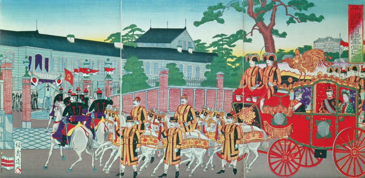 El Emperador Mutsuhito (1852-1912) regresando a su palacio en Tokio, finales del siglo XIX de Japanese School