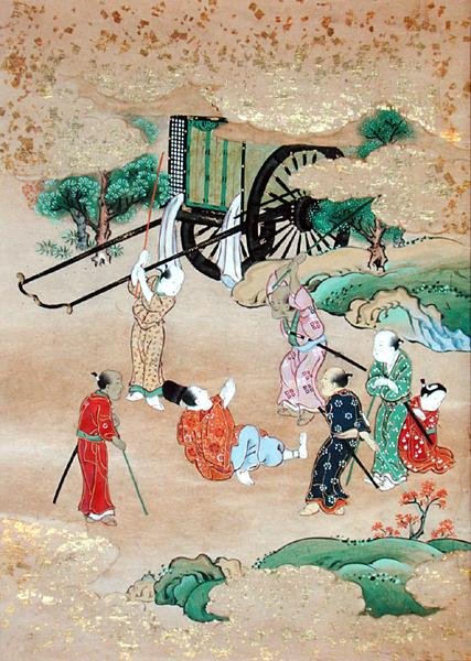 El monje Shogaku (1126-1235) atacado por bandidos (acuarela sobre papel) de Japanese School