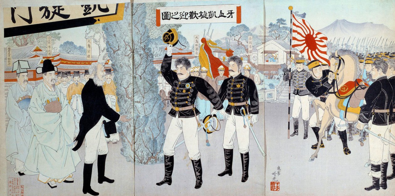 El ascenso del Imperio de Japón: representación de la antigua sociedad japonesa a la izquierda basada en un sistema feudal y la nueva a la derecha, orientada hacia el desarrollo de las fuerzas militares que llevarían a Japón a guerras contra China y Rusia de Japanese School