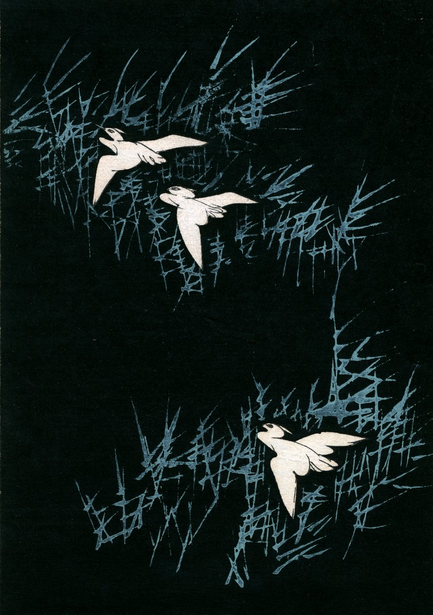 Tres grullas en un paisaje negro de Japanese School