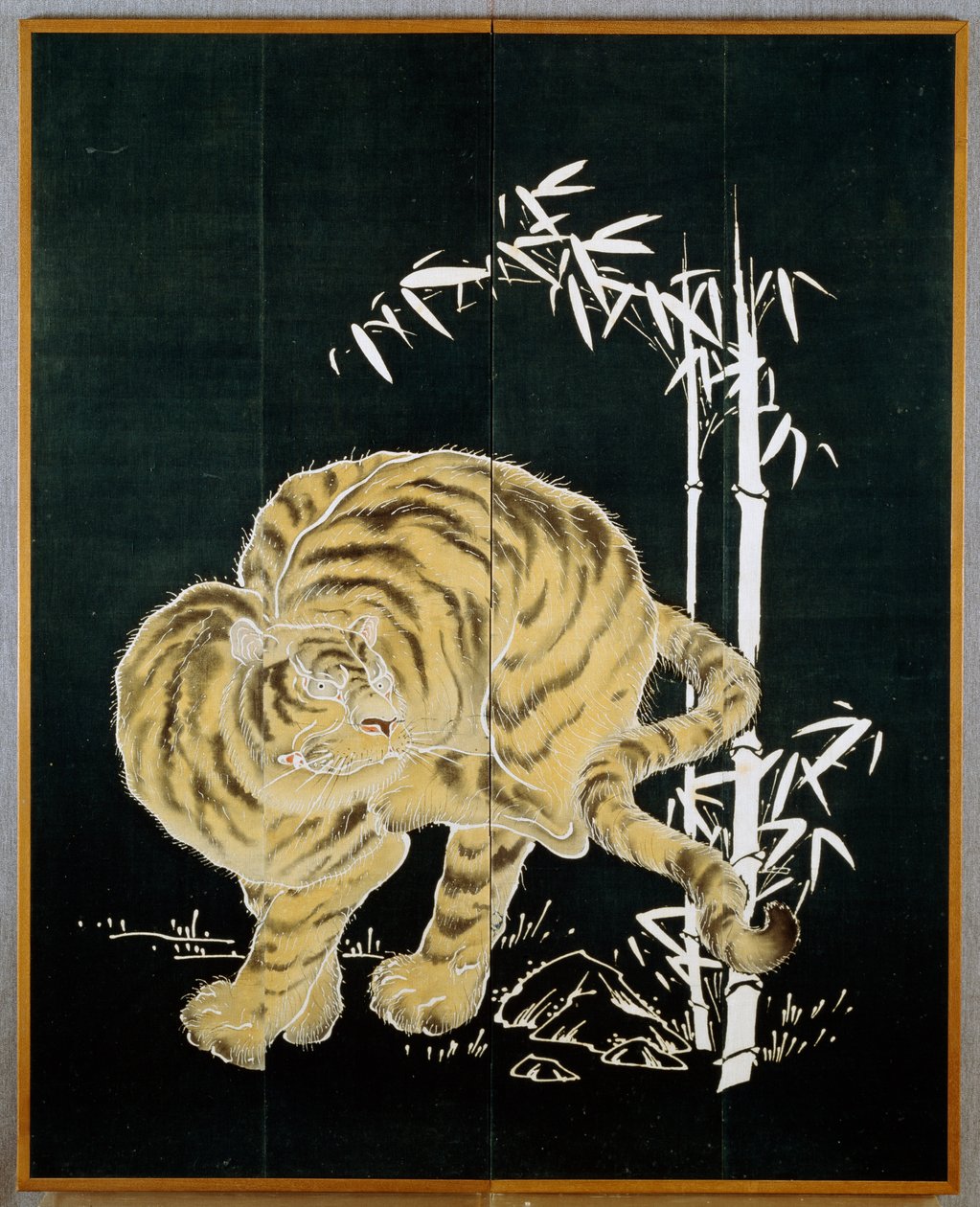 Tigre y bambú, motivo en biombo de algodón (byobu), almidón de arroz y baño de añil con pigmentos, civilización japonesa, periodo Meiji-Taisho de Japanese School