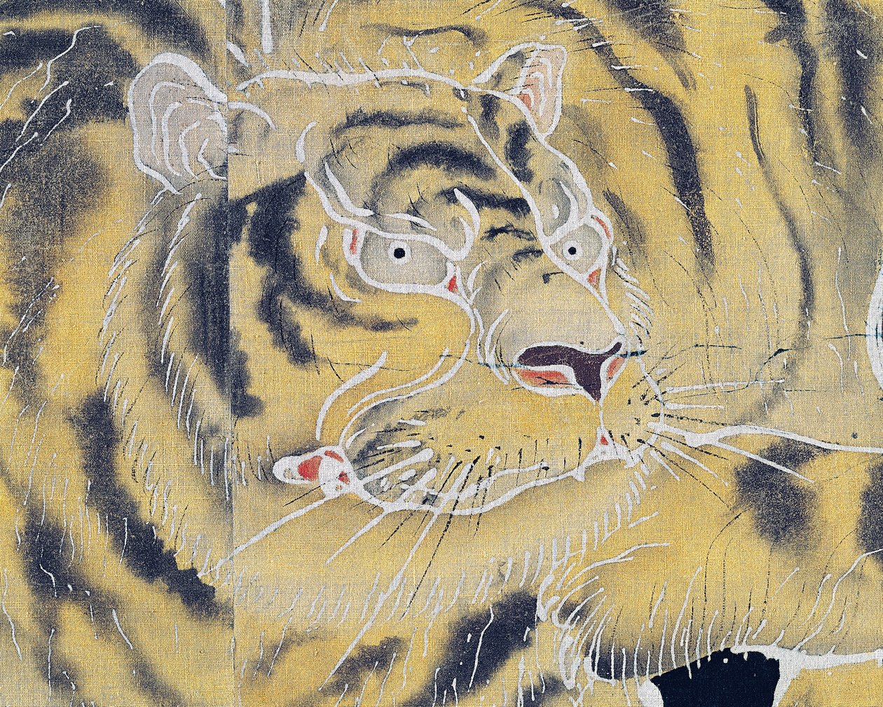 Hocico de tigre, detalle de biombo de algodón, plegado de dos paneles (byobu), teñido en reserva con almidón de arroz y baño de añil con pigmentos, civilización japonesa, periodo Meiji-Taisho de Japanese School