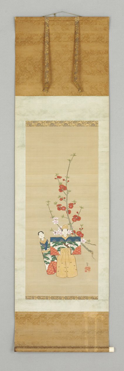 Dos muñecas japonesas y una rama floreciente, finales del siglo XVIII de Japanese School