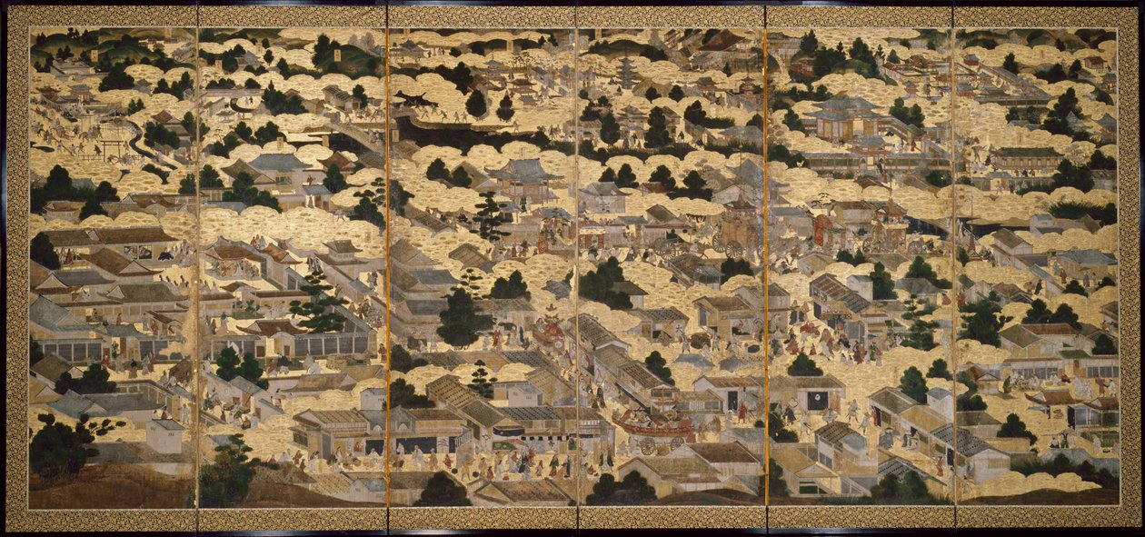 Vistas de Kioto y sus alrededores (Rakuchu rakugai zu), ca.1616-24 (tinta, color y pan de oro sobre papel) de Japanese School