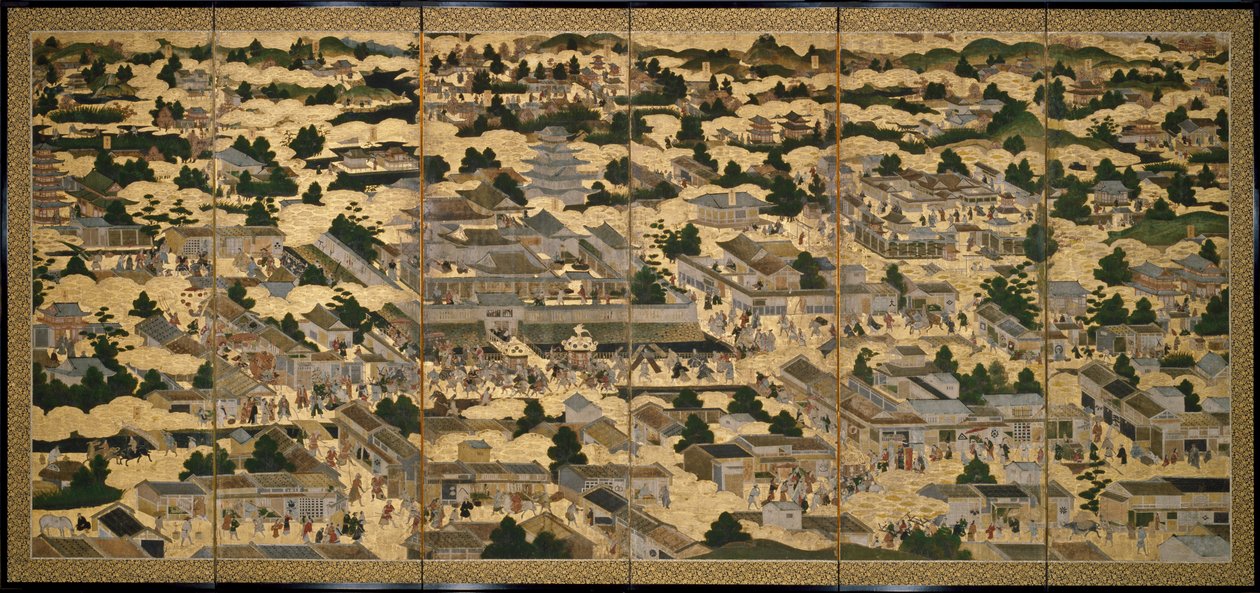 Vistas de Kioto y sus alrededores (Rakuchu rakugai zu), ca.1616-24 (tinta, color y pan de oro sobre papel) de Japanese School