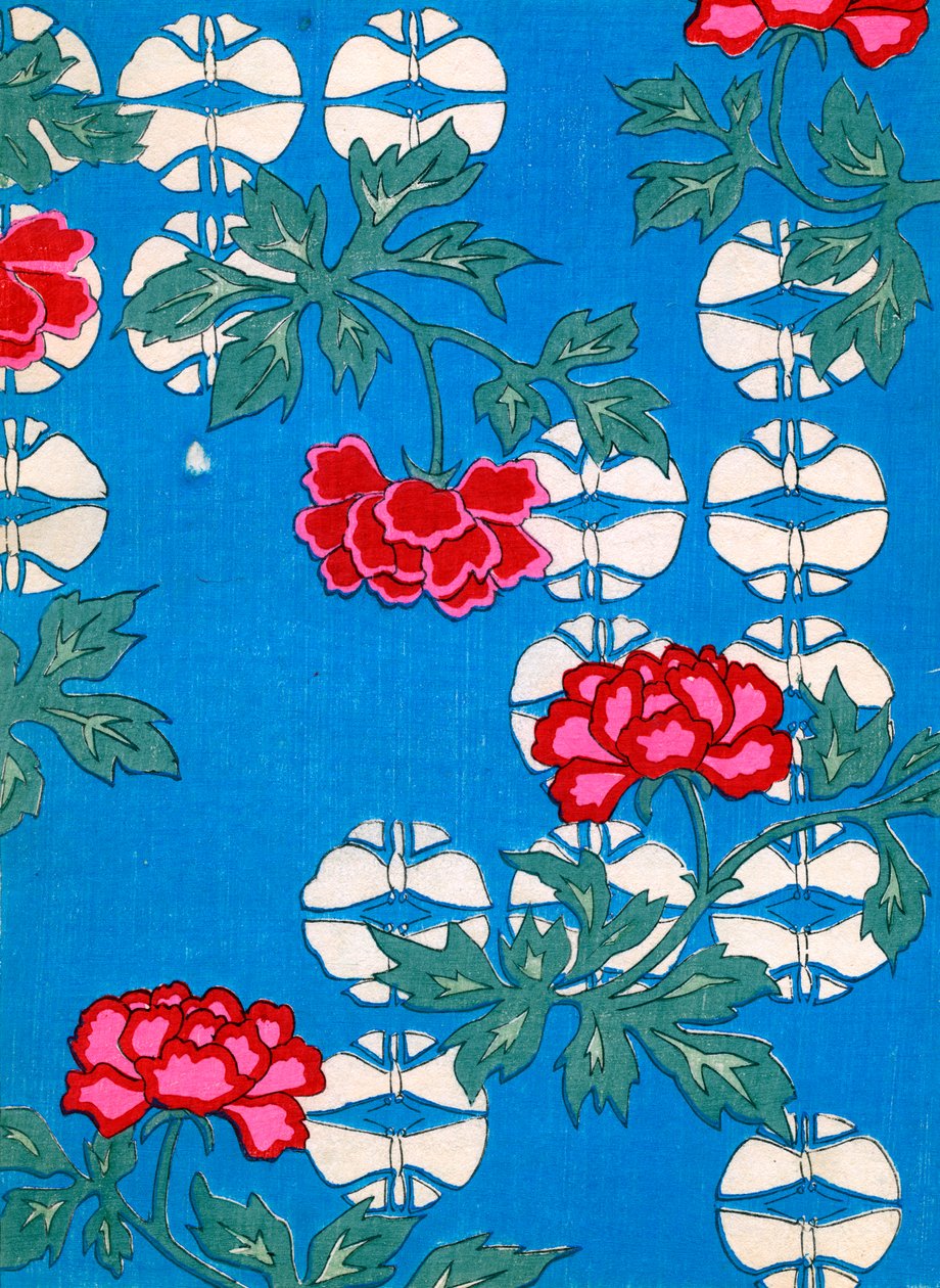Linternas blancas y peonías sobre un fondo azul de Japanese School