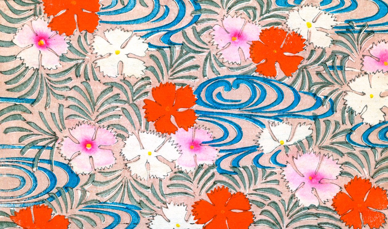 Grabado en madera de flores de clavel de Japanese School