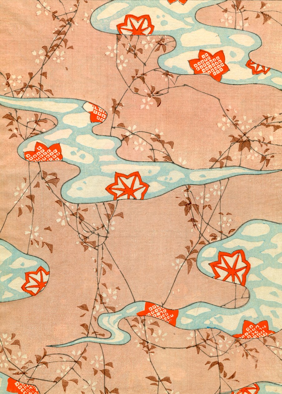 Impresión en madera de hojas de otoño de Japanese School