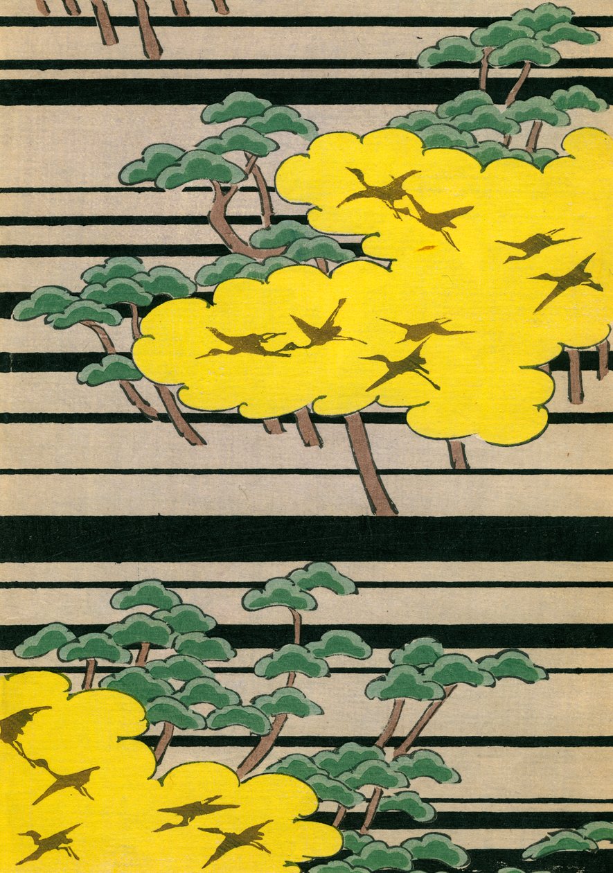 Árboles amarillos y verdes con grullas de Japanese School