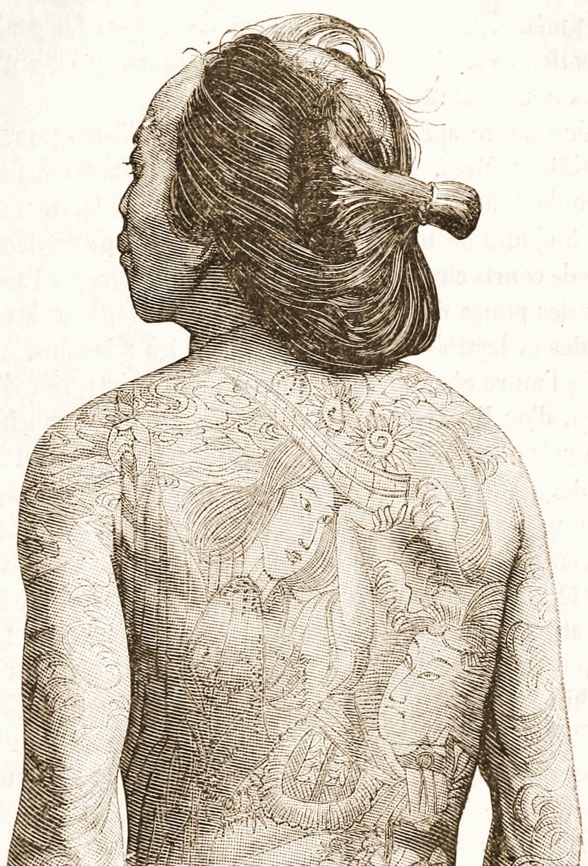 Hombre con tatuajes tradicionales japoneses Irezumi, c.1880 de Japanese School