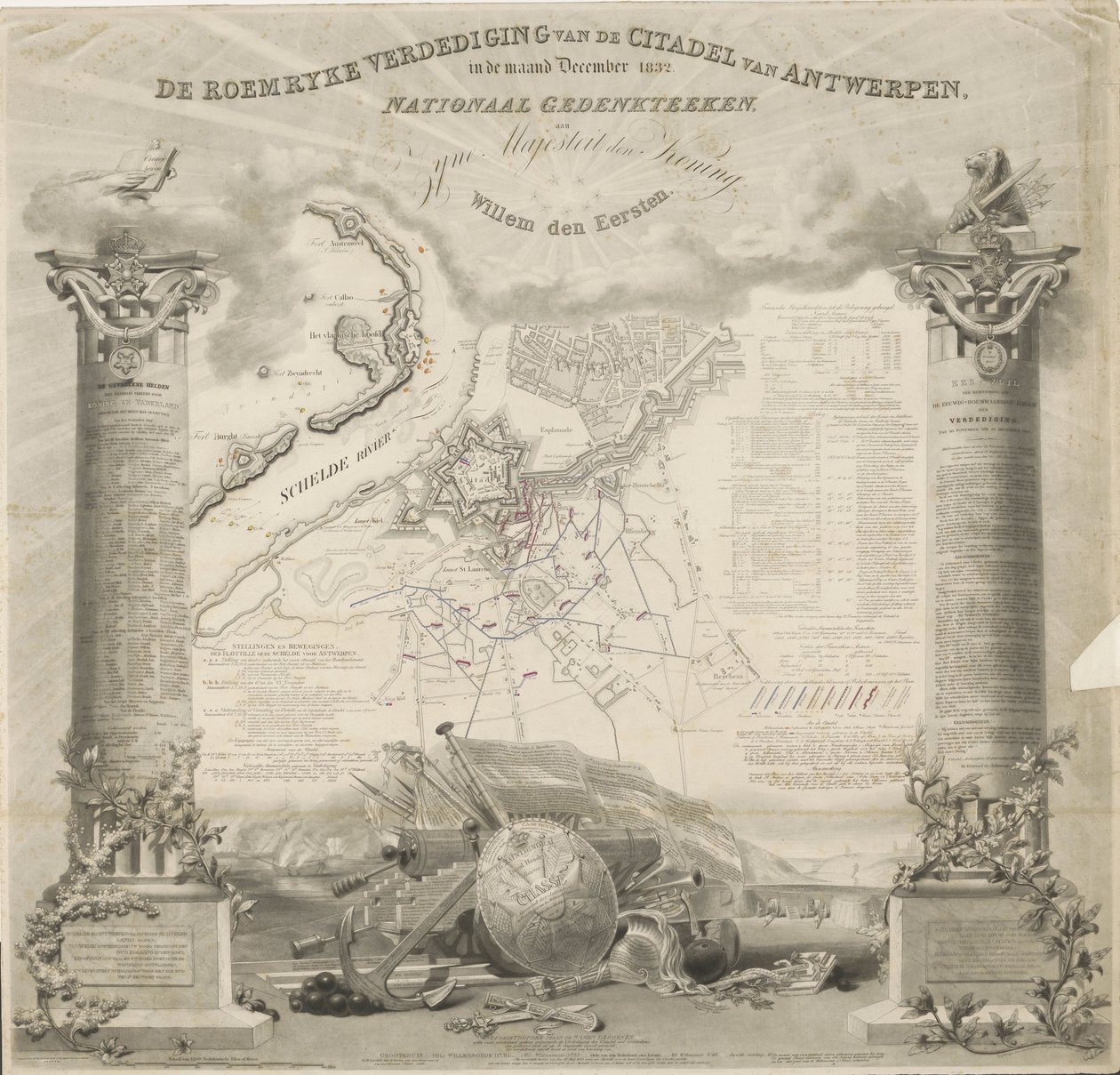 La Defensa Roemryke de la Ciudadela de Amberes, en el mes de diciembre de 1832. Monumento Nacional, a Su Majestad el Rey, Willem den Eerste (título sobre objeto) de Ja.s Wyld