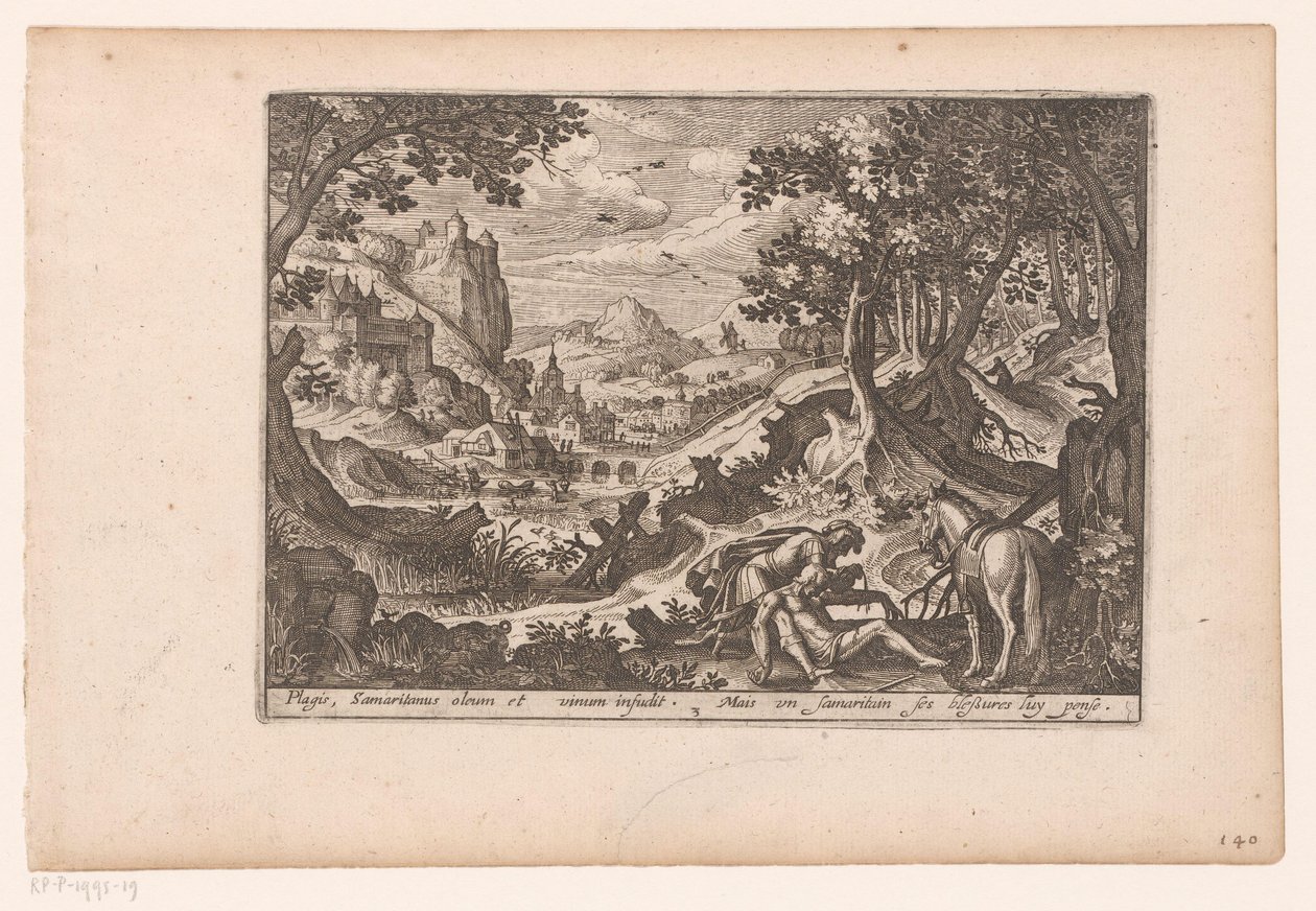 Paisaje con la historia del buen samaritano: el samaritano ayuda a la víctima en su caballo Historia del buen samaritano (título de la serie) de Jaspar de Isaac (attributed to)