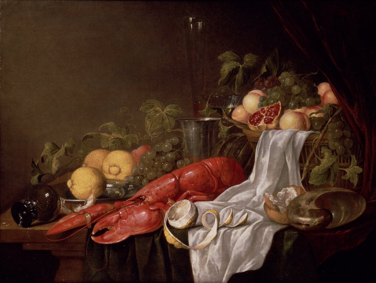 Bodegón de frutas y una langosta sobre una mesa cubierta con tela de Jasper Geerards