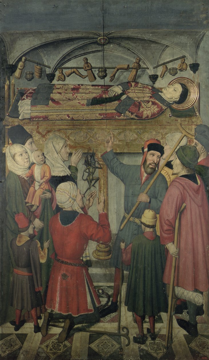 Exorcismo de un poseso bajo la tumba de San Vicente de Zaragoza (m.304) del Retablo de San Vicente de Zaragoza de Jaume Huguet