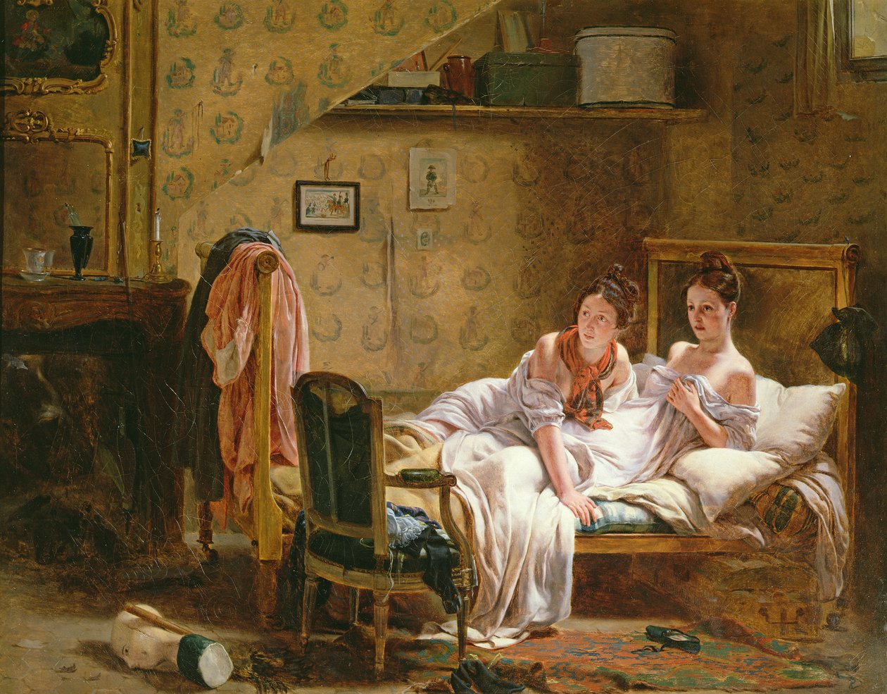 Dos mujeres en una cama perturbadas por un gato de Jean Alphonse Roehn