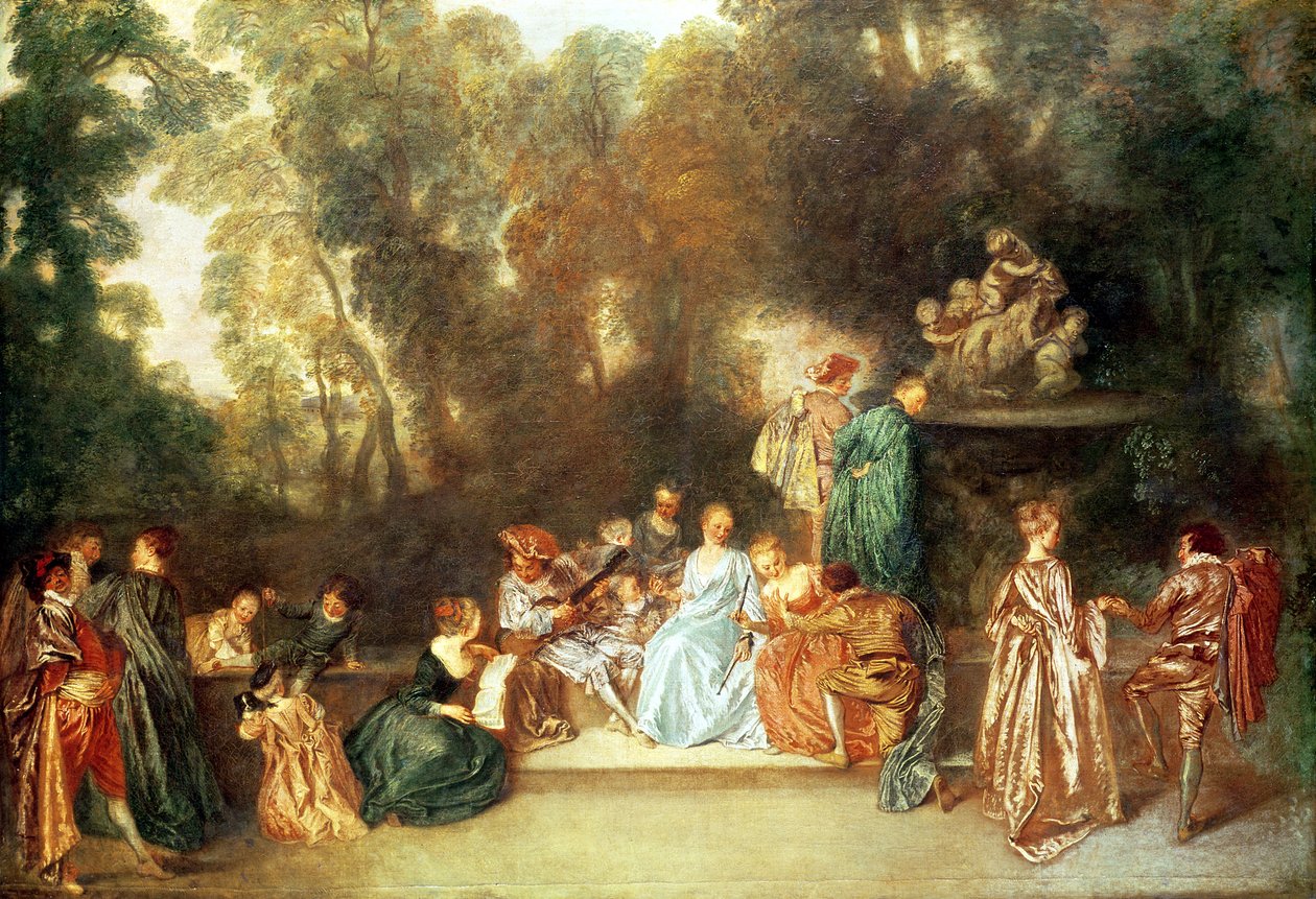 Fiesta galante con guitarrista y una escultura de putti jugando con un carnero, c.1717-19 de Jean Antoine Watteau