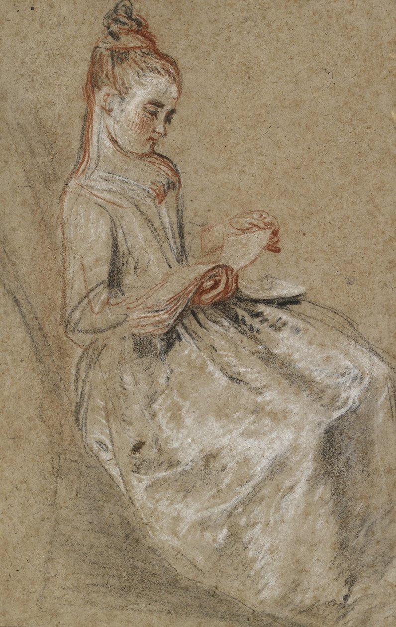 Chica sentada con un libro de música en su regazo de Jean Antoine Watteau