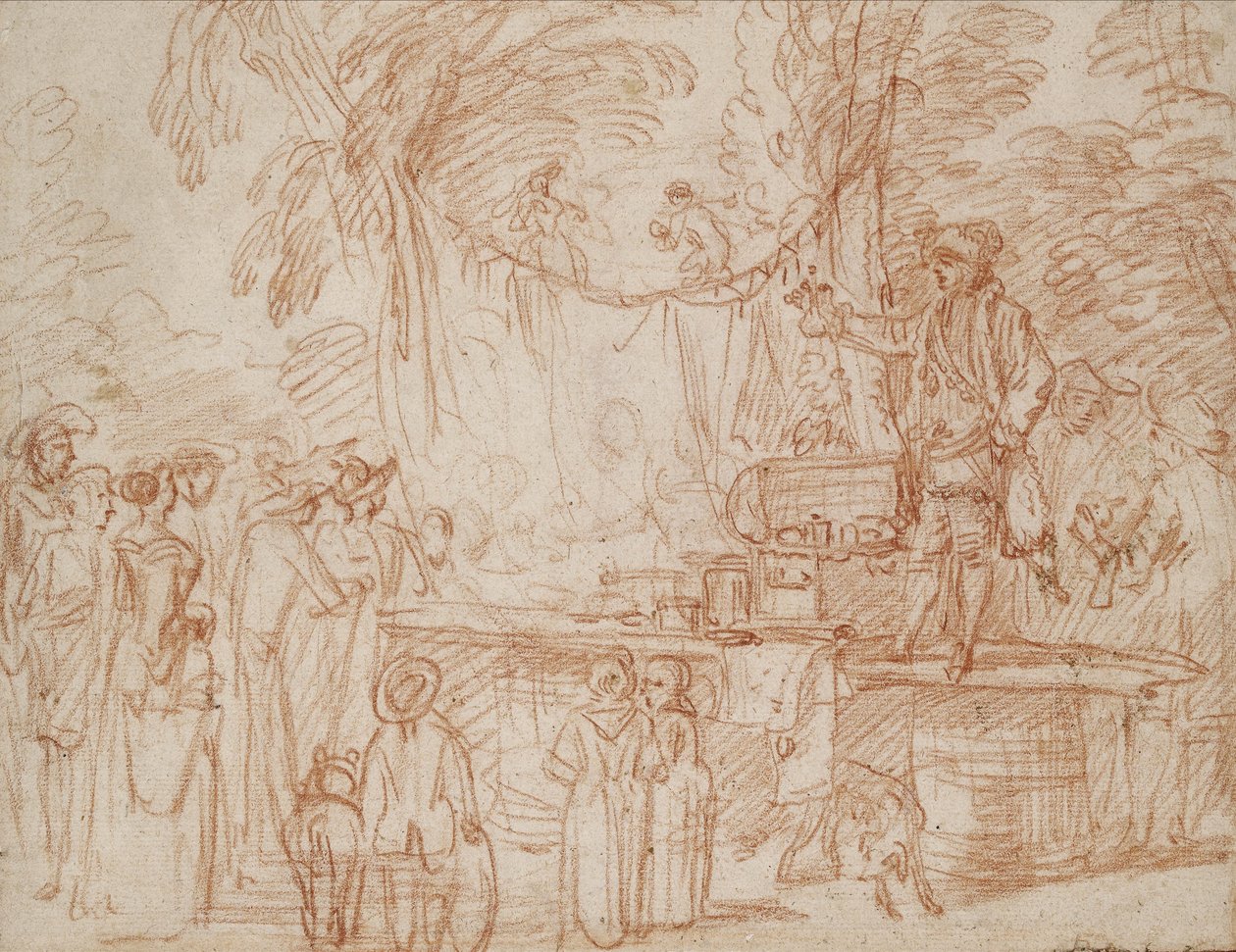 Recto; Doctor charlatán vendiendo sus productos al aire libre de Jean Antoine Watteau