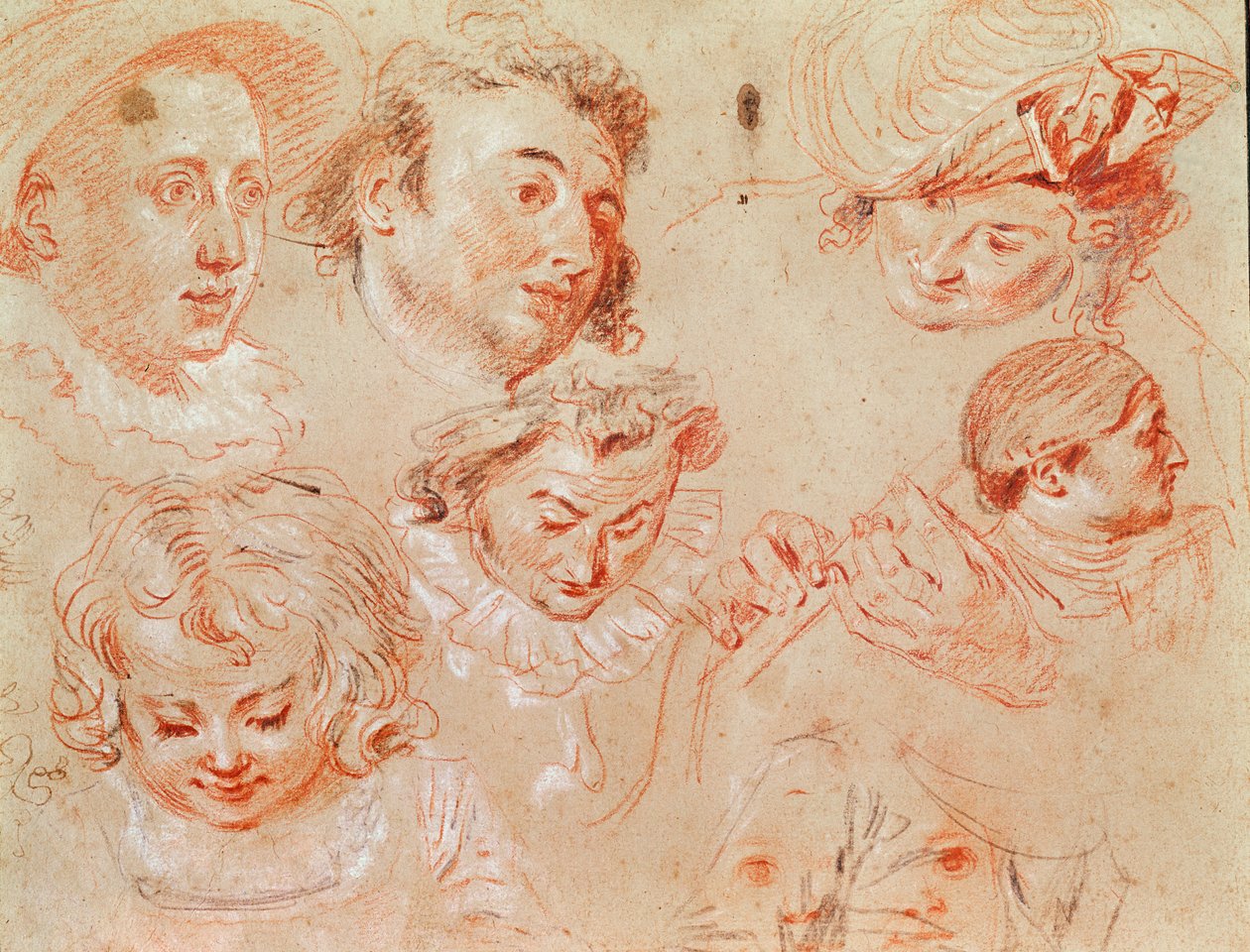 Seis cabezas y dos manos tocando un instrumento musical de Jean-Antoine Watteau