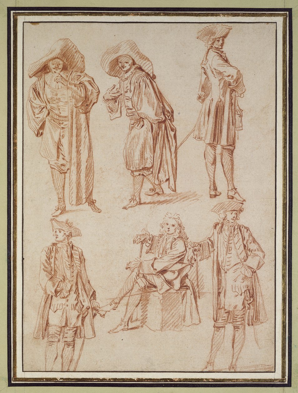 Dos Estudios del Doctor en la Comedia Italiana y Cuatro Oficiales, Tres de Pie, Uno Sentado de Jean Antoine Watteau