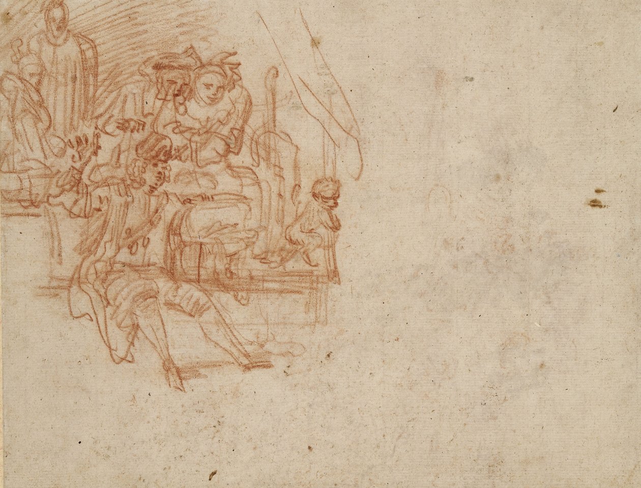 Verso; Doctor charlatán sentado en el escenario, vendiendo sus productos de Jean Antoine Watteau