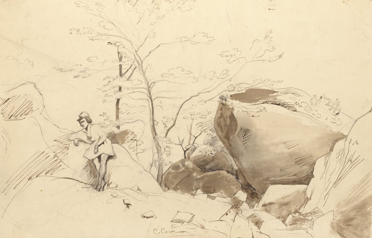 Fontainebleau, Figura Apoyada en una Roca de Jean Baptiste Camille Corot