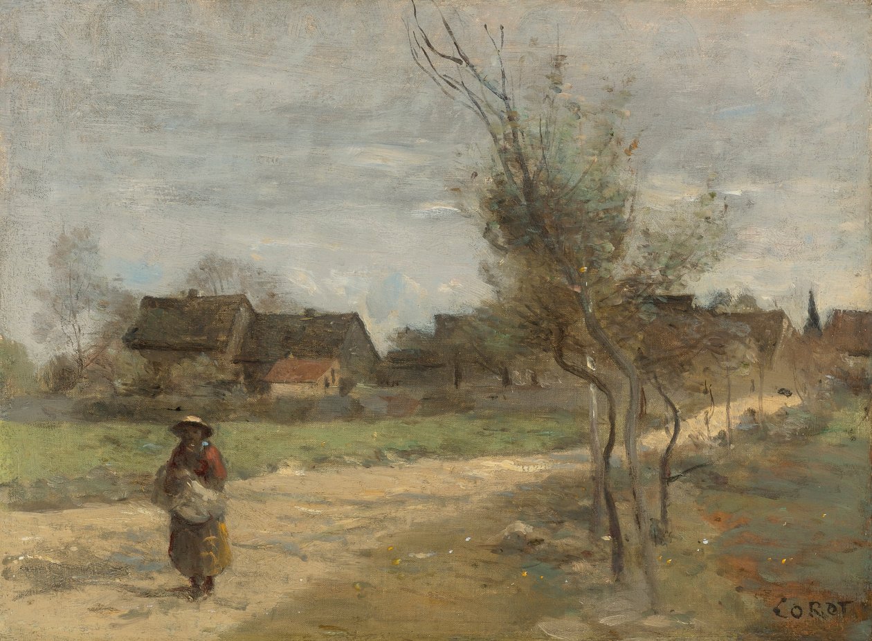 Campesina en un camino con vista a un pueblo de Jean Baptiste Camille Corot