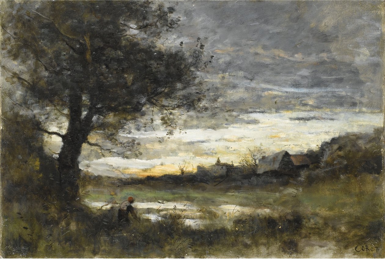 Recuerdo de Normandía, puesta de sol de Jean Baptiste Camille Corot