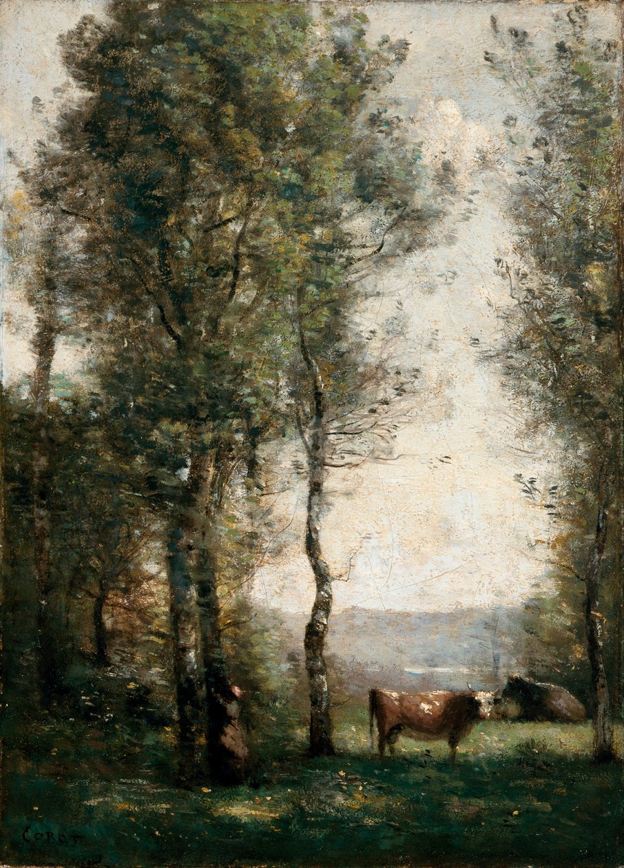 Paisaje boscoso con vacas en un claro de Jean-Baptiste-Camille Corot