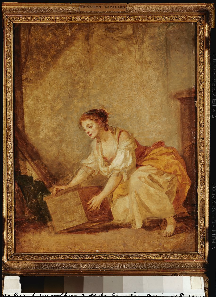 Una joven levantando un cofre de Jean Baptiste Greuze