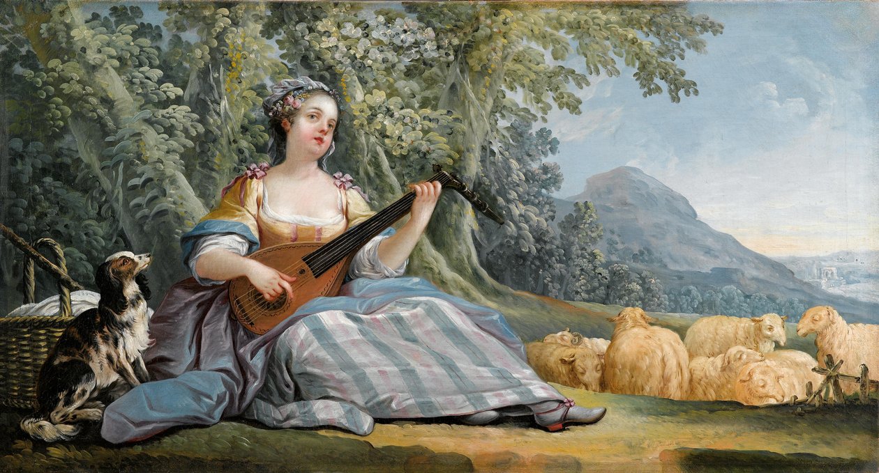 Una pastora tocando la mandolina de Jean Baptiste Huet