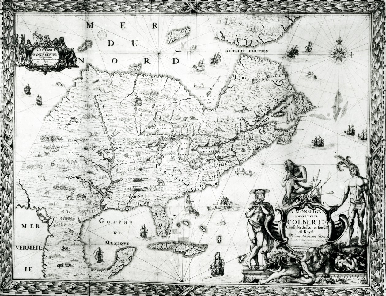 Mapa de Nueva Francia dedicado a Colbert por Duchesneau, Intendente, 1681 de Jean Baptiste Louis Franquelin